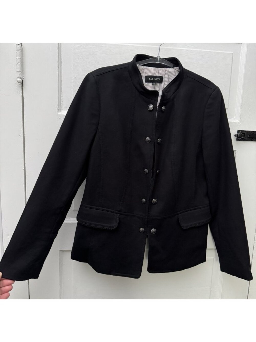 Talbots Ashley Women’s 12 Black Cotton Military Blazer Hook Eye Crest Buttons